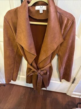 Magaschoni Suede-Look Rust Tie-Waist Trench Coat